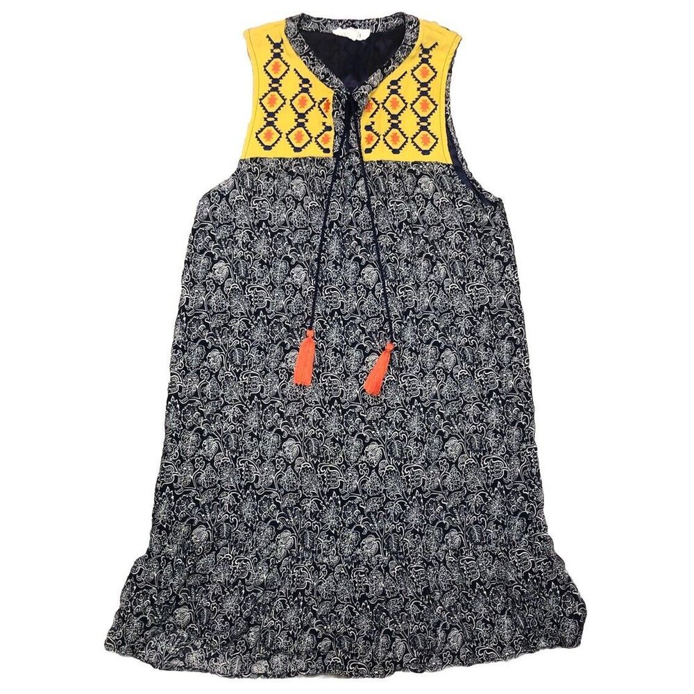 THML Womens Dress Blue Yellow Aztec Embroidered Multi Pattern Tassel‎ S